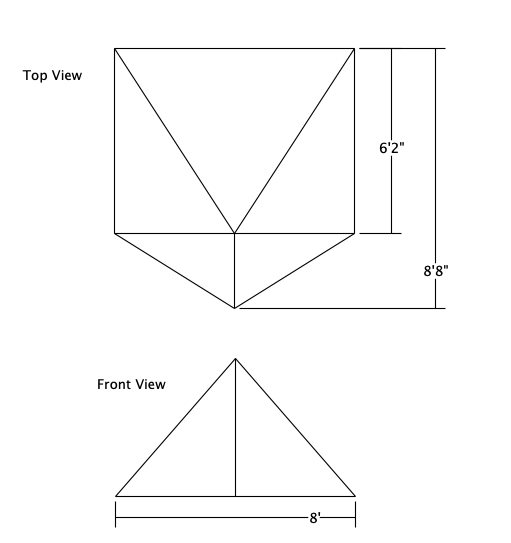 A diagram of a scout's tent layout with a top view and a front view. The top view measures 6'2" in length and measures 8'8" with the front flaps included. The front view measures 8' in width.