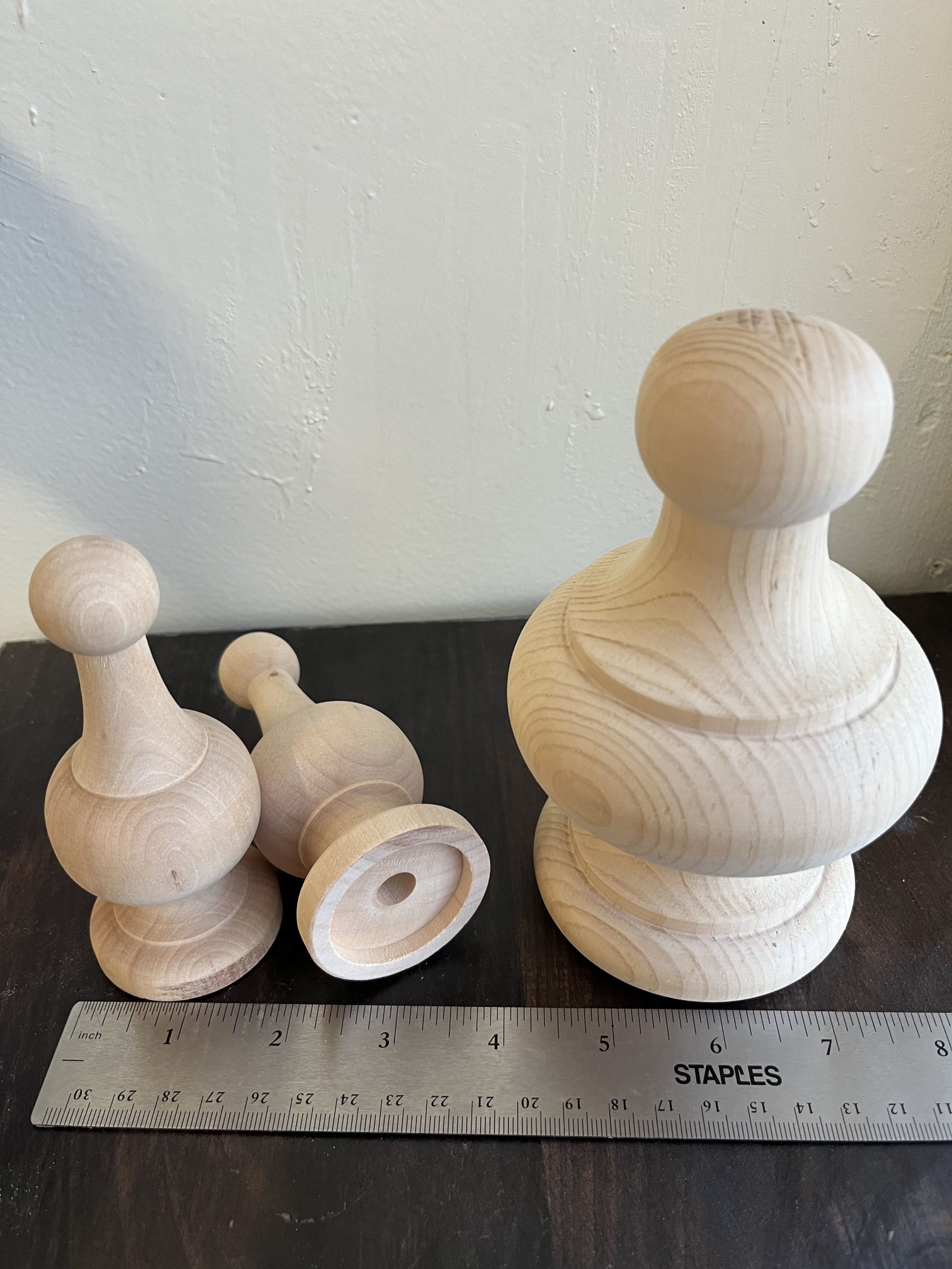 3 unpainted, turned, pine finials